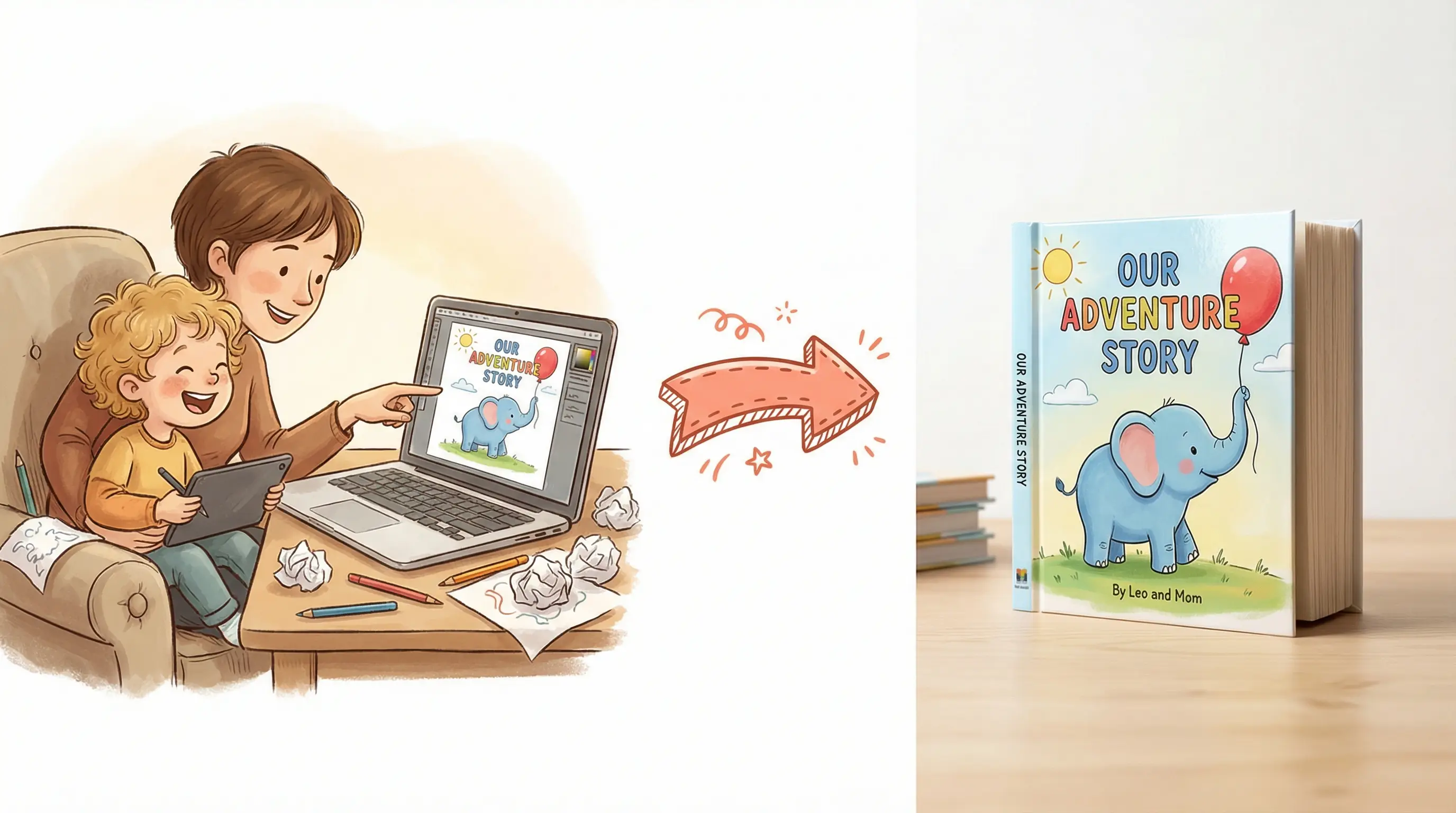 Parent and child creating a book on computer, transforming into a printed hardcover